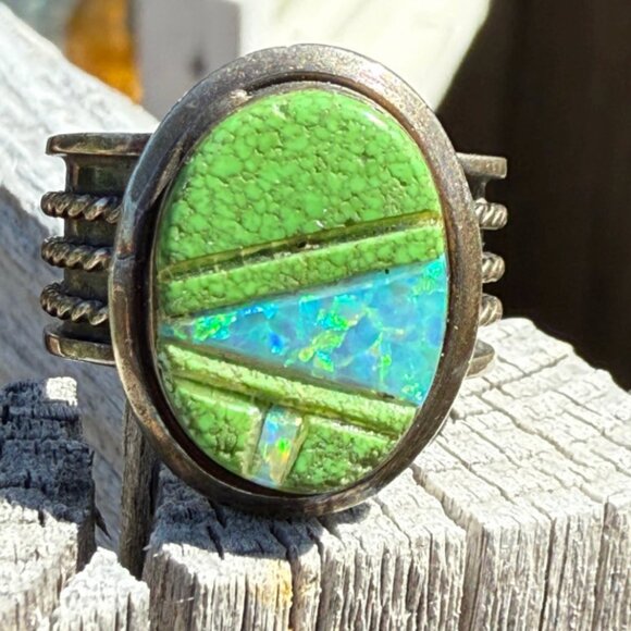 Southwestern Sterling Silver Opal & Green Turquoise Ring Size 9 - Picture 1 of 5